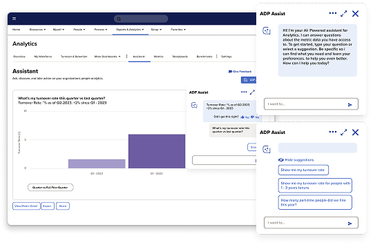 Analytics Assist conversational AI chat interface answering a turnover-rate question with a chart, key drivers, and next-steps recommendations